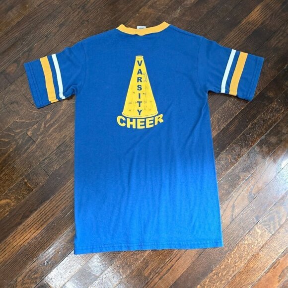 Vintage 90s Findlay Ohio Trojans Cheer Athletic Tshirt Blue Yellow Retro - Picture 2 of 11